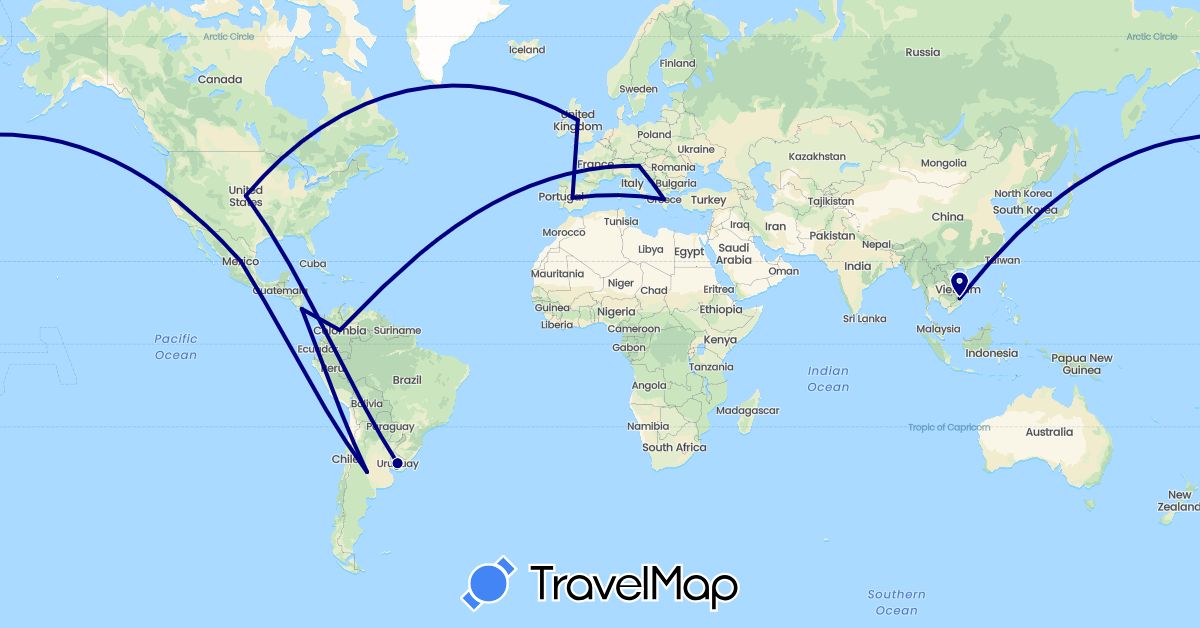 TravelMap itinerary: driving in Argentina, Colombia, Costa Rica, Spain, United Kingdom, Greece, Mexico, Slovenia, United States, Uruguay, Vietnam (Asia, Europe, North America, South America)